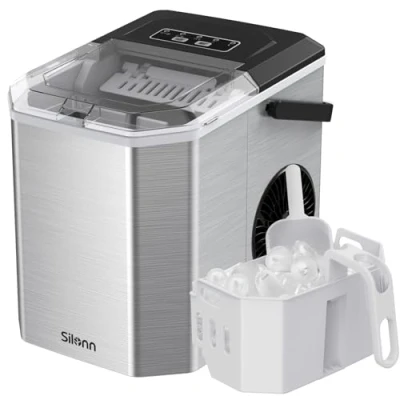 Imagen de Silonn máquina de cubitos hielo pequeña con asa transporte, portátil autolimpiable pala, 9 cubos en 6 minutos, 12 kg por día, ideal para casa, cocina, camping, RV