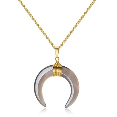 Imagen de COAI Collar para Mujer de Acero Inoxidable con Colgante Doble Cuerno Luna Creciente Ágata Gris