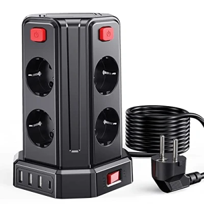 Imagen de 5M Torre Regletas Enchufes, Regleta USB 8 Tomas de AC Corrientes y 4 USB, 2500W/10A, Regreltas Vertical con Interruptor para Mesa, Oficia, Casa…