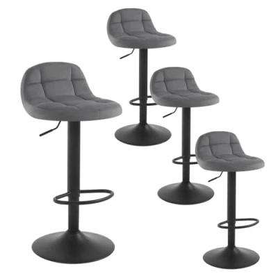 Imagen de WOLTU 4X Taburetes Bar de Terciopelo Altos con Respaldo Regulable en Altura 62 83cm Juego 4 Giratorios Reposapiés para Cocina Comedor Silla Gris Oscuro BH317dgr