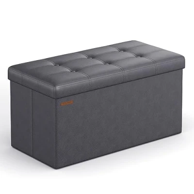 Imagen de SONGMICS Puff Almacenaje Plegable de 76 cm, Banco Almacenamiento, Reposapiés, Mesa Centro, Asiento Acolchado, Piel Sintética, Soporta hasta 300 kg, Gris Oscuro LSF040G01