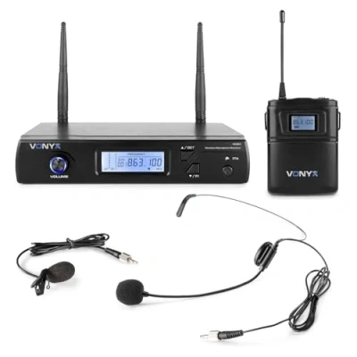 Imagen de Vonyx WM61 Sistema inalámbrico Compuesto de Receptor UHF 16 Canales estables, micrófono Diadema Negro, Solapa Color Negro. Salida balanceada por XLR o Jack no balanceado.