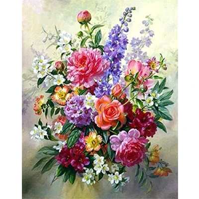 Imagen de OWN4B Kits de punto cruz estampados, patrón impreso flores coloridas 11 quilates, 14.2 x 18.1 pulgadas, kit bordado para bricolaje (flores)