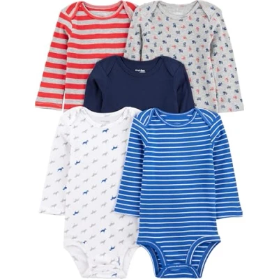 Imagen de Simple Joys by Carter&#039;s Long Sleeve Bodysuit Pack of 5 Body, Azul/Gris Camiones/Rojo Rayas, 0 3 Meses (Pack de 5) Unisex bebé