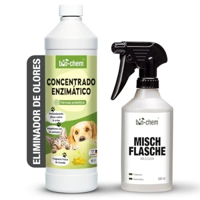 Imagen de Bio Chem Limpiador enzimático concentrado 1L + botella mezcladora Combate olores y manchas persistentes Acción probiótica natural para alfombras, tejidos superficies