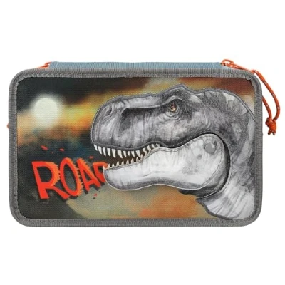 Imagen de Depesche 11756 Dino World Roar estuche de 3 compartimentos con motivo dinosaurio, azul ahumado lápices colores, regla, tijeras y mucho más.