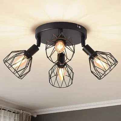 Imagen de ANWIO Lámpara Techo Focos, 4 Focos Led Interior Base E14, Apliques Negro con Redonda, Giratorios Plafón Foco de LED(Sin Bombillas).