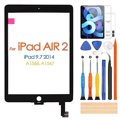 Imagen de Pantalla táctil para iPad 6 Air 2 9,7 A1566 A1567 Cristal Panel con Gratis Película Templada, Kit de reparación (no LCD pantalla) (negro)
