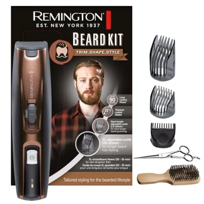 Imagen de Remington Recortadora de Barba Beard Kit, Barbero con Cable e Inalámbrico, Cuchillas Titanio, 3 Peines Ajustables, Cepillo para y Tijeras, 90 min Autonomía, Batería Litio, MB4046