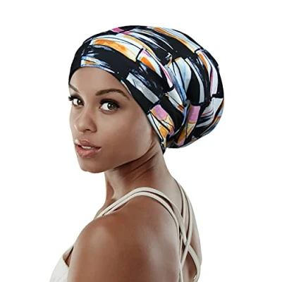Imagen de Gorro de dormir ajustable con forro satén para rastas, cabello rizado, cabeza grande, permanece en la noche, beige púrpura, Talla única