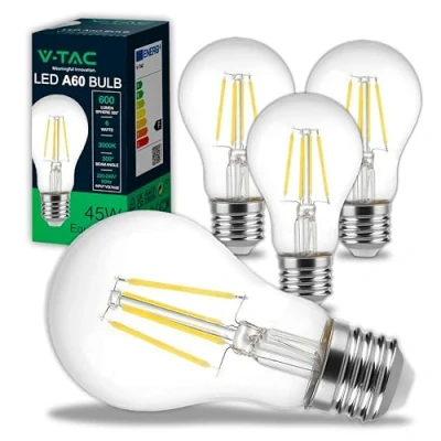 Imagen de V TAC 4x Bombillas LED Filamento A60 E27 6W (Equivalente a 45W) 600 Lumen Bombilla Máxima Eficiencia y Ahorro Energético Blanco Cálido 3000K