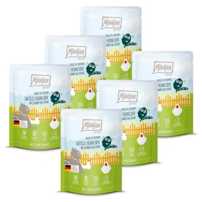 Imagen de MjAMjAM Comida húmeda Premium para Gatos Quetschie Chicks &amp; Friends Pollo jugoso con Espinacas al Vapor, Pack de 6 (6 x 300g), sin Cereales
