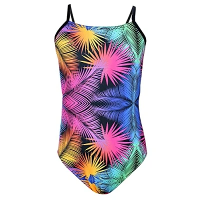 Imagen de Aquarti Bañador de Baño Deportivo Una Pieza para Niñas Tira, Hojas Colores/Negro/Rosa/Naranja, 152