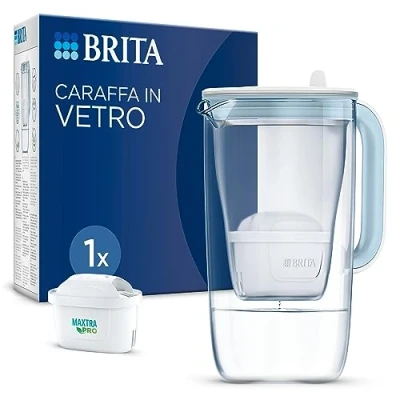 Imagen de BRITA Jarra de filtro agua cristal azul claro (2,5 l) incluye 1 cartucho MAXTRA PRO All in diseño premium cristal, resistente y ligera, reduce la cal, cloro, pesticidas, metales