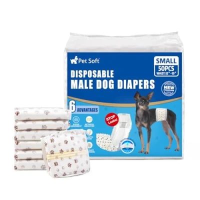 Imagen de Pet Soft pañales desechables para perros machos, 50 unidades, súper absorbentes, incontinencia con indicador de humedad (S unidades)