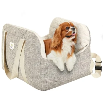 Imagen de Pawaboo Asiento de Coche para Perros Mascotas, Transportín con Hebilla Fija y Correa Seguridad Cachorros hasta 25lbs, Cama Perro Resistente al Agua, Marrón+Beige