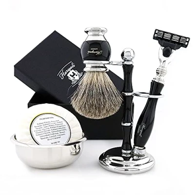 Imagen de Haryali London Juego de afeitado para hombre Kit 5 piezas Cuchilla afeitar 3 bordes Mejor brocha tejón Jabón Cuenco Soporte