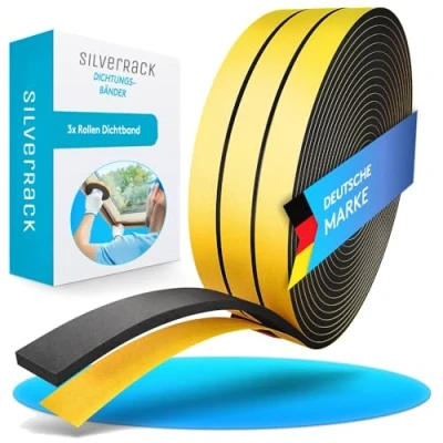 Imagen de SilverRack Cinta de sellado autoadhesiva 15 m, color negro [6 mm x 1,5 mm] adhesiva espuma para juntas puertas, ventanas, ventanas