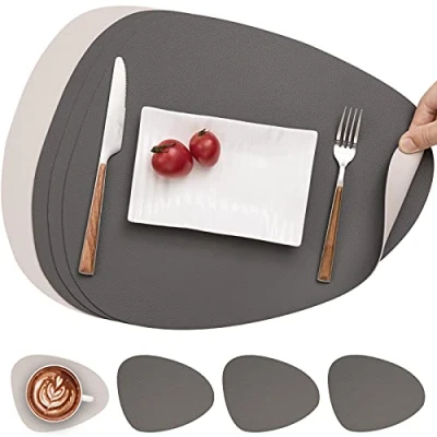 Imagen de Myir JUN Manteles Individuales y Posavasos de Cuero, Salvamanteles Lavables PVC (Gris Blanco, Juego 4)