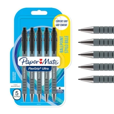 Imagen de Paper Mate 2027751 Bolígrafos retráctiles, punta mediana de 1.0 mm, paquete 5, color negro