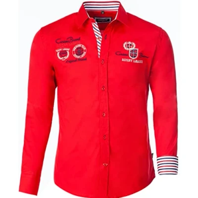 Imagen de CARISMA Camisa informal de manga larga para hombre con bordado y contraste en los puños, tira botones, informal, tiempo libre 8004, rojo, L