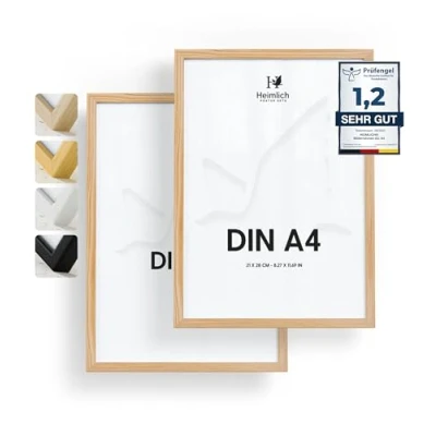 Imagen de Heimlich Cuadro de Fotos Madera Juego 2 A4 Vidrio Acrílico Irrompible Grano Visible Duradero Fácil Colgar Para Decoración Pared Color Natural Marco
