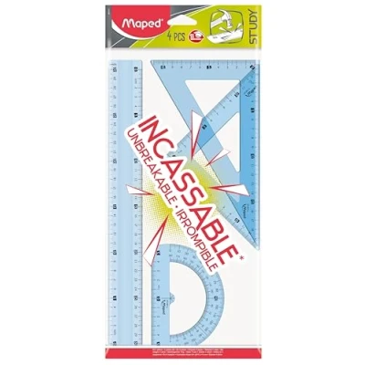 Imagen de Maped Reglas Escolares Study Unbreakable Maxi Kit de 4 Piezas 1 Regla 30 cm, Cartabón 21 Escuadra cm y Transportador 180 Diseño Transparente