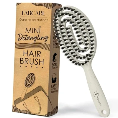Imagen de FABCARE Mini Cepillo para el cabello con cerdas de jabalí desenredante en espiral doble resorte profesional (Beige)