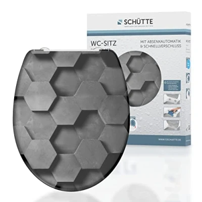 Imagen de SCHÜTTE Hexagons Asiento de inodoro plástico termoestable Duroplast con descenso automático, tapa diseño y cierre rápido para la limpieza, carga máx. 150 kg, color gris