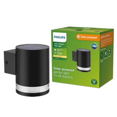 Imagen de Philips Lighting Aplique pared Exterior Fyce, alimentación solar, 1.5W, 2700K, negro, resistente a intemperie IP44