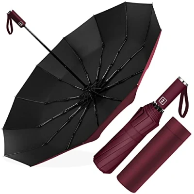 Imagen de Paraguas Plegable Automático, Antiviento, Grande 12 Varillas para Hombres Mujer, Diámetro 105cm (Rojo Vino)