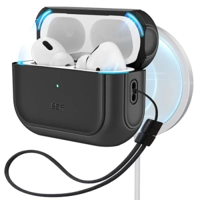 Imagen de ESR Funda para AirPods Pro 2/1 Generacion (2023/2022/2019), Compatible con 2 (USB C/Lightning Cable), MagSafe, Protección contra Caídas, Tapa Magnética, Serie Orbit, Negro
