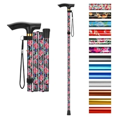 Imagen de supregear Bastón Plegable, 5 Niveles Altura Ajustable Ligero Portátil de Viaje con Pulsera y Mango en T para Hombres Mujeres Discapacidad Edad Avanzada (Escarlata Rojo)