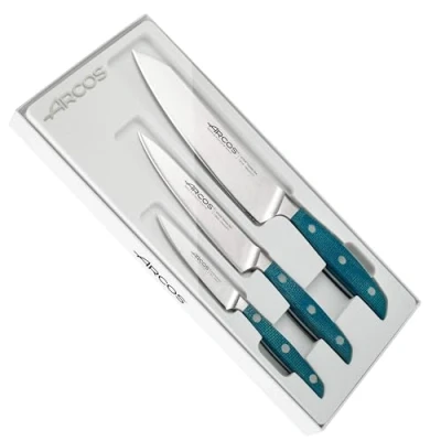 Imagen de Arcos Juego de Cuchillos Cocina. 3 piezas Acero Inoxidable forjado. Impresiona yorprencon cada corte. Mango Micarta Azul. Serie Brooklyn. Color