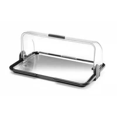 Imagen de HENDI Vitrina expositora con cubierta deslizante, mostrador Buffet, conjunto exhibidor doble función: calentar o enfriar, kit incl. 2 bloques de gel, bandeja acero inox, 465x315x(H)195mm, PP