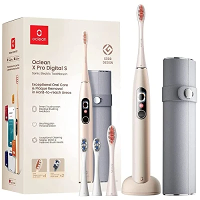 Imagen de Oclean X Pro Digital cepillo de dientes eléctrico, 3 Modos, 4 Cabezales y estuche viaje, con pantalla a color, Duración la batería 30 días, temporizador aplicación, Dorado