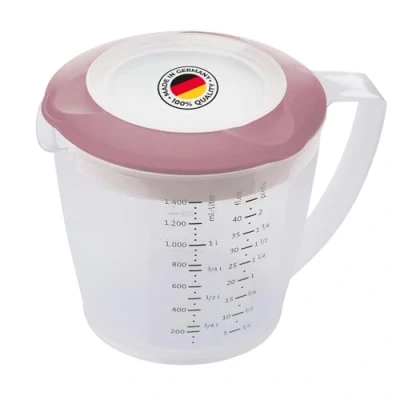 Imagen de Westmark vaso mezclador/medidor con protector contra salpicaduras, tapa y pico, plástico, capacidad: 1,4 litros, Helena, transparente/rosa, 3105227P