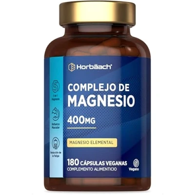 Imagen de Magnesio Complex con Bisglicinato, Citrato, Óxido, Malato y Ascorbato de Complejo 5 Compuestos Apoyo Muscular Energético 400mg 180 Cápsulas Veganas Horbaach