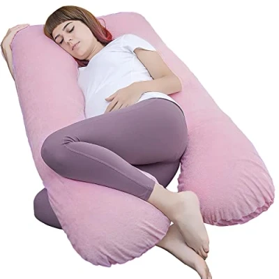 Imagen de AS AWESLING Almohada de Embarazo, Cuerpo Completo en Forma U, Lactancia, Apoyo y Maternidad para Mujeres Embarazadas con Funda Terciopelo extraíble (Rosa)