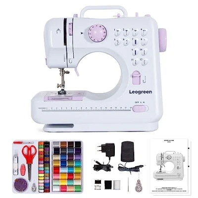 Imagen de Leogreen Máquina de Coser, Mini Maquina Coser Portatil, 12 Puntadas Costura, Funciona con y sin pedal, Luz LED para Principiantes Expertos (Lila)