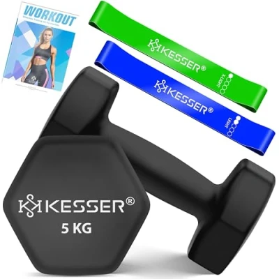 Imagen de KESSER® Juego de 2 mancuernas kg 5 kg, neopreno, hexágono, entrenamiento fuerza, entrenamiento, fitness, para casa con cuaderno ejercicios, bandas fitness