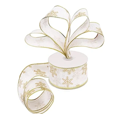 Imagen de Belle Vous Cinta Organza Blanca de Navidad 20 m x 6,3 cm Ancho Cintas Navideñas con Alambre, Copos Nieve Decoración Fiestas, Árbol Envolver Regalos