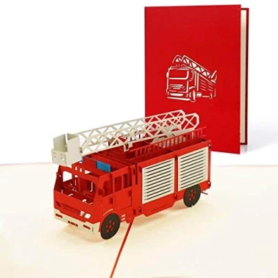 Imagen de tarjeta cumpleaños con camion de bomberos pop up. Cheque regalo, regalo y tarjetas felicitacion por aprobar oposiciones o para infantiles, T15