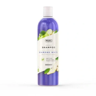 Imagen de Wahl Diamond White champú para perros, mascotas, fórmula natural apta pelajes blancos y claros, concentrado 15:1, elimina la suciedad las manchas, 500 ml
