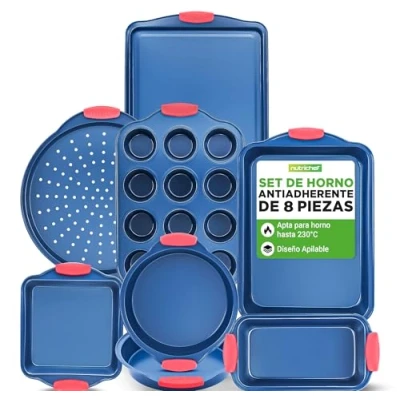 Imagen de NutriChef juego de 8 moldes, Utensilios horno, Baking set, Moldes reposteria, Antiadherentes, Libres PFOA, PFOS, PFTEE, Aptos para hornos hasta 230C (450F), Mangos silicona