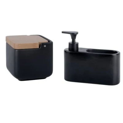 Imagen de KOOK TIME Set de accesorios cocina incluye salero con tapa basculante bambú y dispensador jabon hueco guarda estropajos para el fregadero Cerámica negra mate