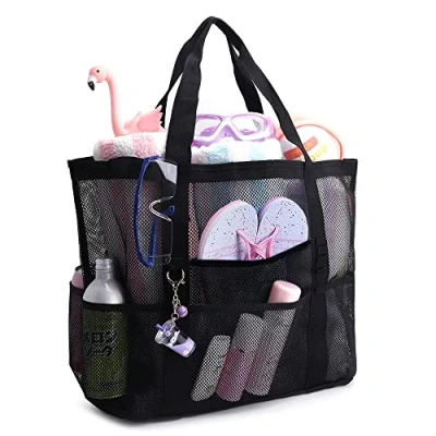 Imagen de Moguxb Bolso de Playa Malla Negro Plegable Gran Capacidad Bolsa la Compra Reutilizables Totes para Viajes Compras