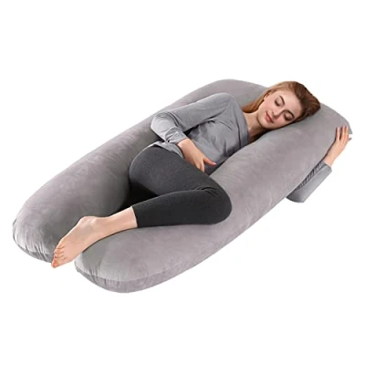Imagen de Lannvan Almohada Embarazada, de Embarazo, Cuerpo Completo en Forma U, Cojín Embarazada para Dormir y Alimentar con Funda Terciopelo Extraíble Lavable, 145x70 cm(Gris)