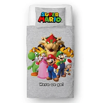 Imagen de Nintendo Super Mario Juego de Funda edredón para Cama Individual, diseño Here We Go Reversible 2 Caras, Producto Oficial, Incluye Almohada a Individual