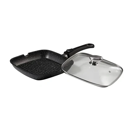 Imagen de Pradel Sartén Grill 24 x cm Forma Piedra de Hierro Fundido Aluminio con Tapa Cristal, Negro,
